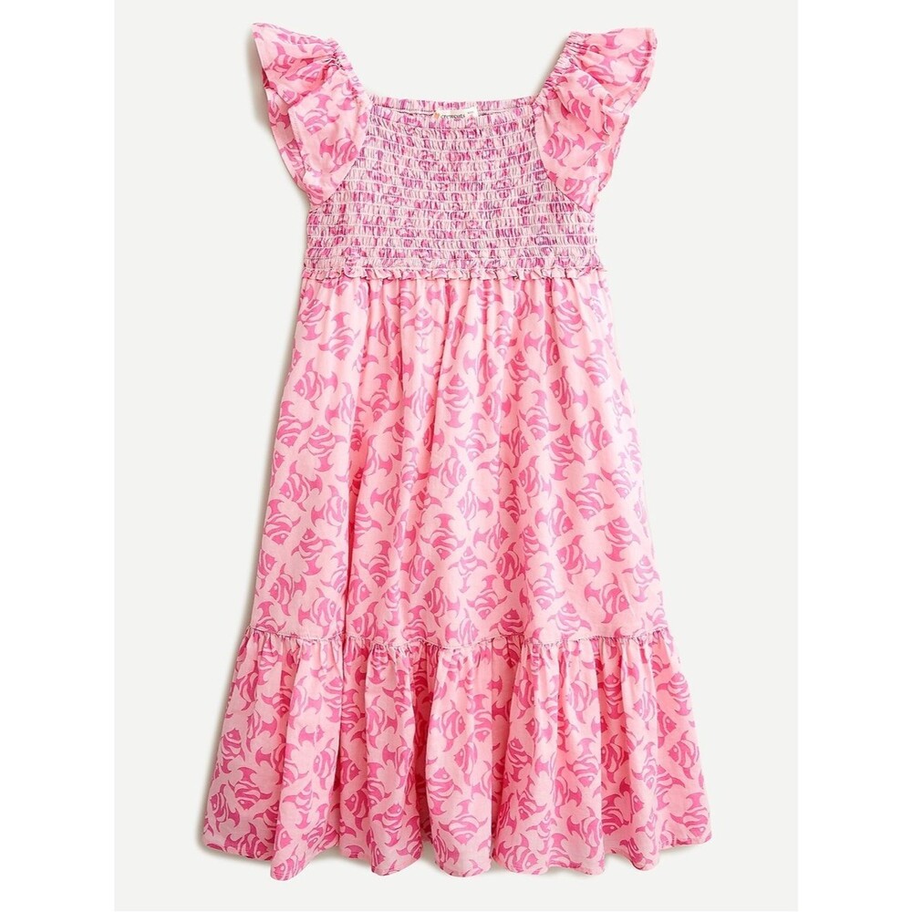 J Crew Crewcuts Girls' Pink smocked ruffle dress Fish Print Size 8
